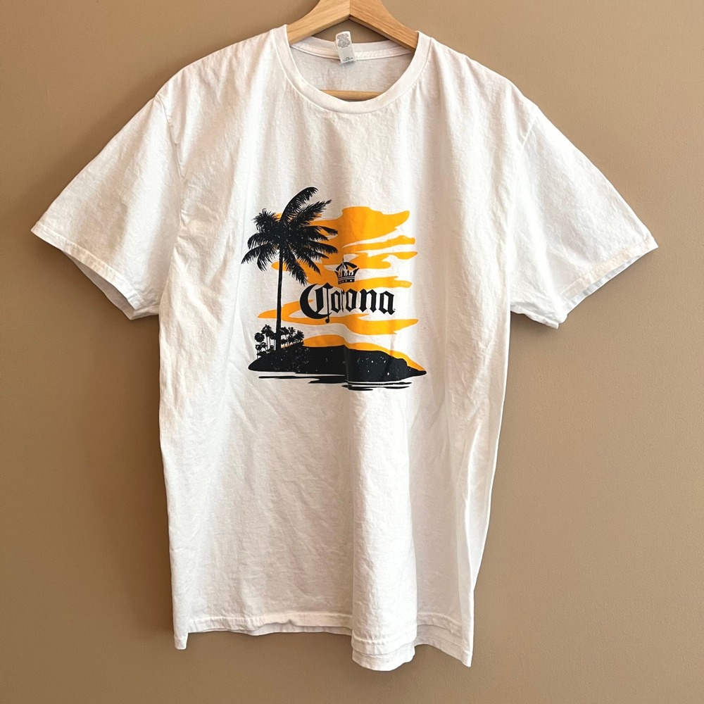 Jerzees Classics Corona Extra Beer Graphic T-Shirt Mens White Tropical Sunset L